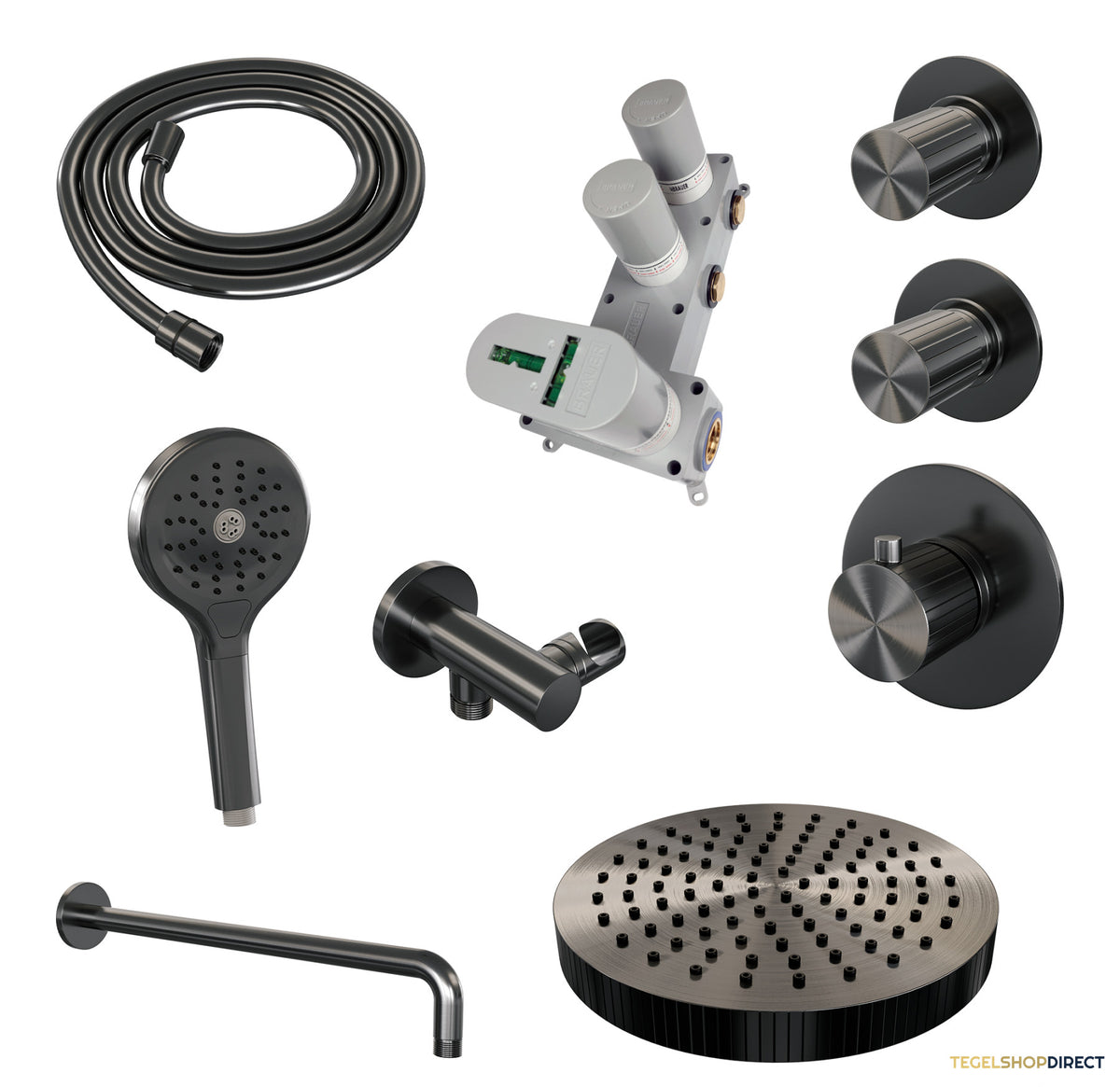 Brauer Stripe thermostatische inbouw regendouche SET 05 met 25 cm douchekop en gebogen muurarm en 3-standen handdouche en doucheslang en wandaansluitbocht gunmetal geborsteld PVD – afbeelding 3