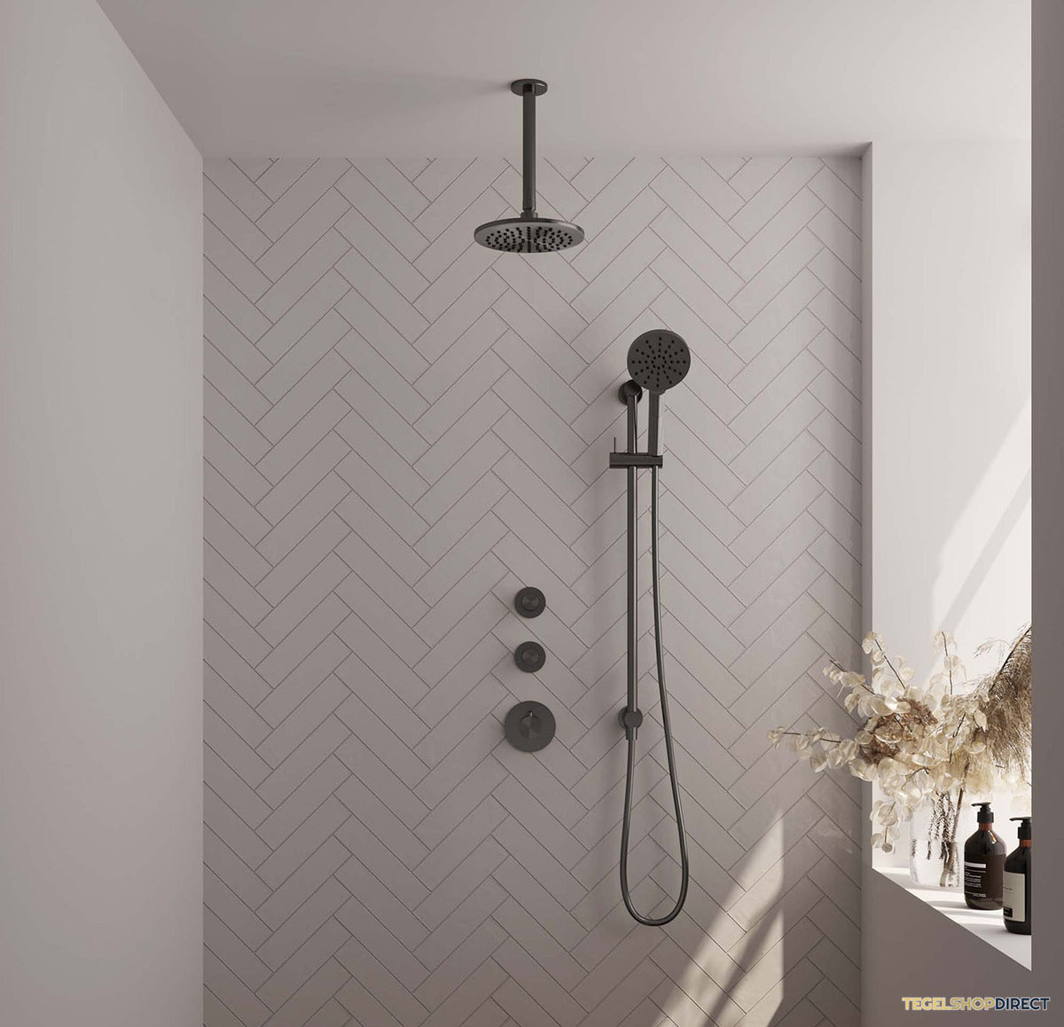 Regendoucheset Inbouw Brauer Gunmetal Carving Thermostatisch 20cm met Plafondarm, Glijstang en Handdouche 3-Standen Losse Stopkranen Geborsteld Gunmetal