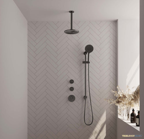 Regendoucheset Inbouw Brauer Gunmetal Carving Thermostatisch 20cm met Plafondarm, Glijstang en Handdouche 3-Standen Losse Stopkranen Geborsteld Gunmetal