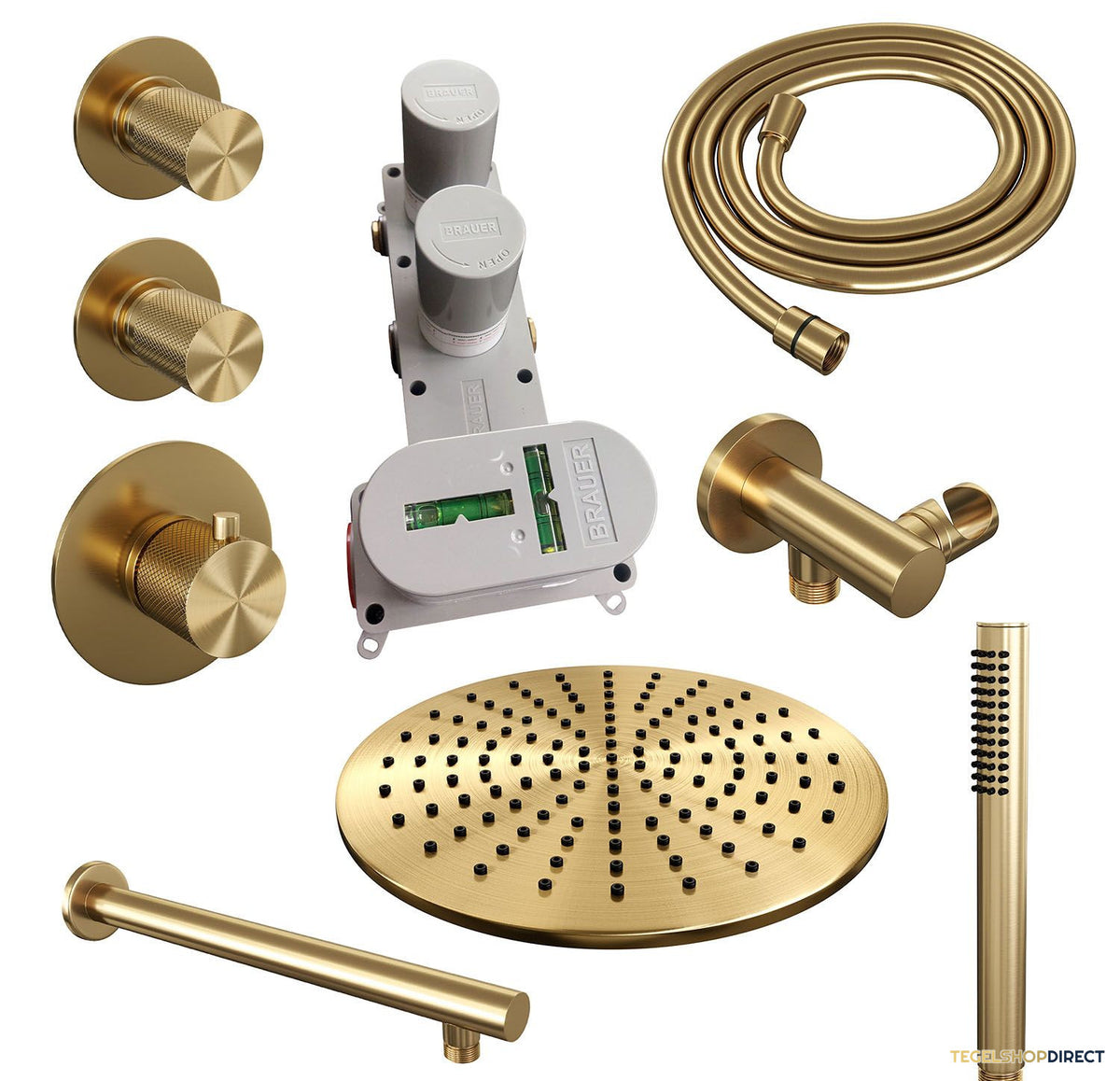 Regendoucheset Inbouw Brauer Gold Carving Thermostatisch 30cm met Wandarm en Handdouche Staaf Losse Stopkranen Geborsteld Goud – afbeelding 4