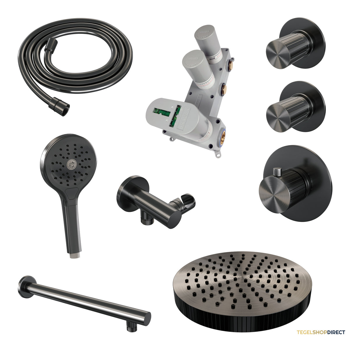 Brauer Stripe thermostatische inbouw regendouche SET 04 met 25 cm douchekop en rechte muurarm en 3-standen handdouche en doucheslang en wandaansluitbocht gunmetal geborsteld PVD – afbeelding 3