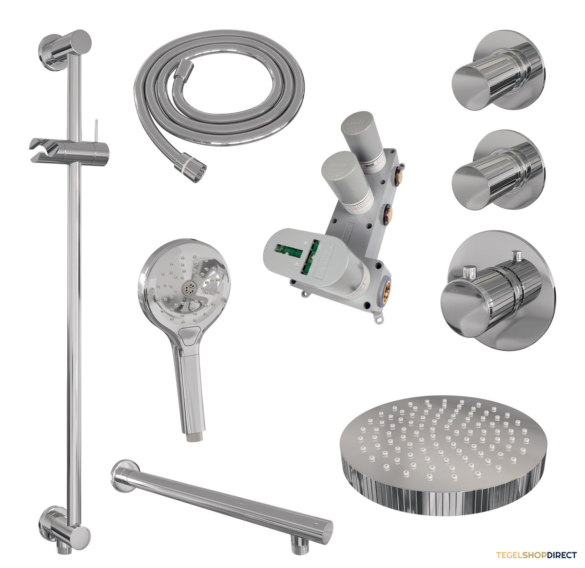 Brauer Stripe thermostatische inbouw regendouche SET 10 met 25 cm douchekop en rechte muurarm en 3-standen handdouche en doucheslang en geintegreerde glijstang chroom – afbeelding 3