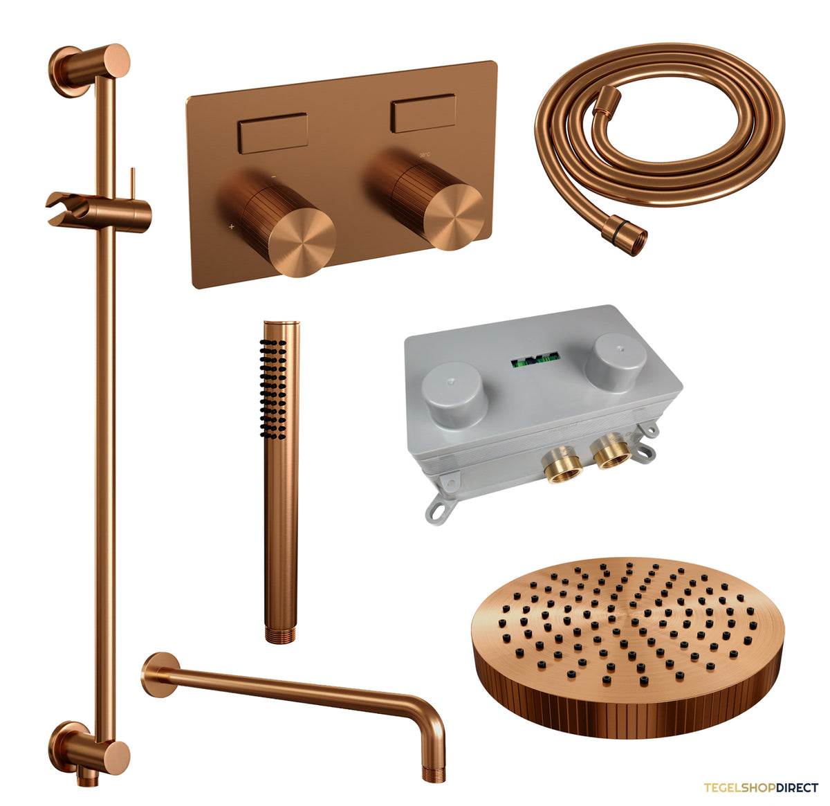 Brauer Stripe thermostatische inbouw regendouche met drukknoppen SET 32 met 25 cm douchekop en gebogen muurarm en staaf handdouche en doucheslang en geintegreerde glijstang koper geborsteld PVD – afbeelding 3