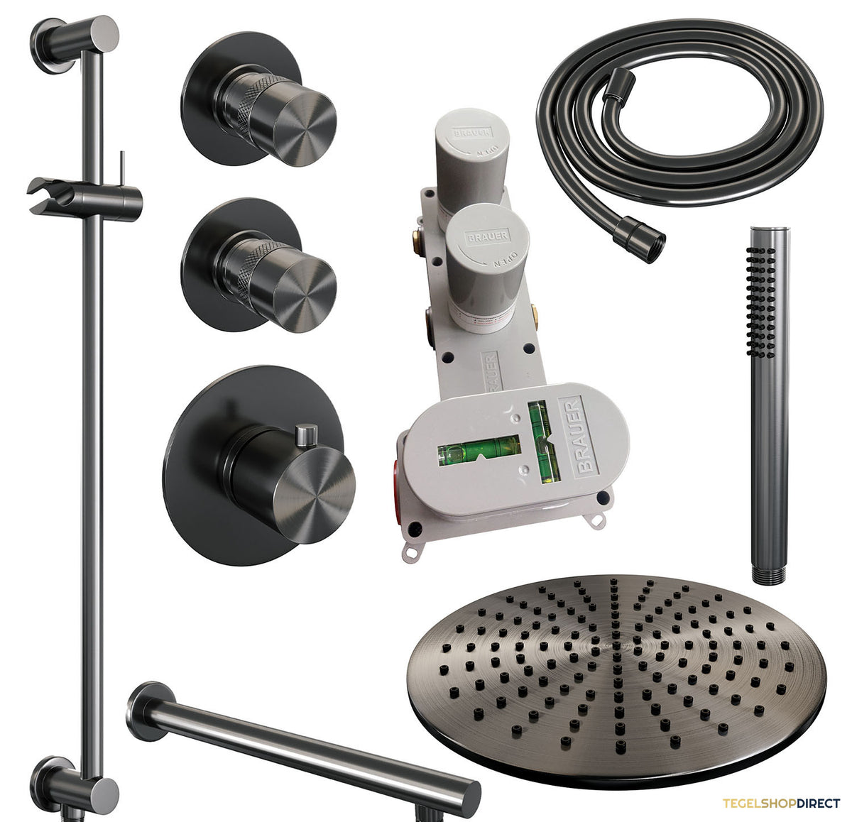Regendoucheset Inbouw Brauer Gunmetal Edition Thermostatisch 30cm met Wandarm, Glijstang en Handdouche Staaf Losse Stopkranen Geborsteld Gunmetal – afbeelding 3