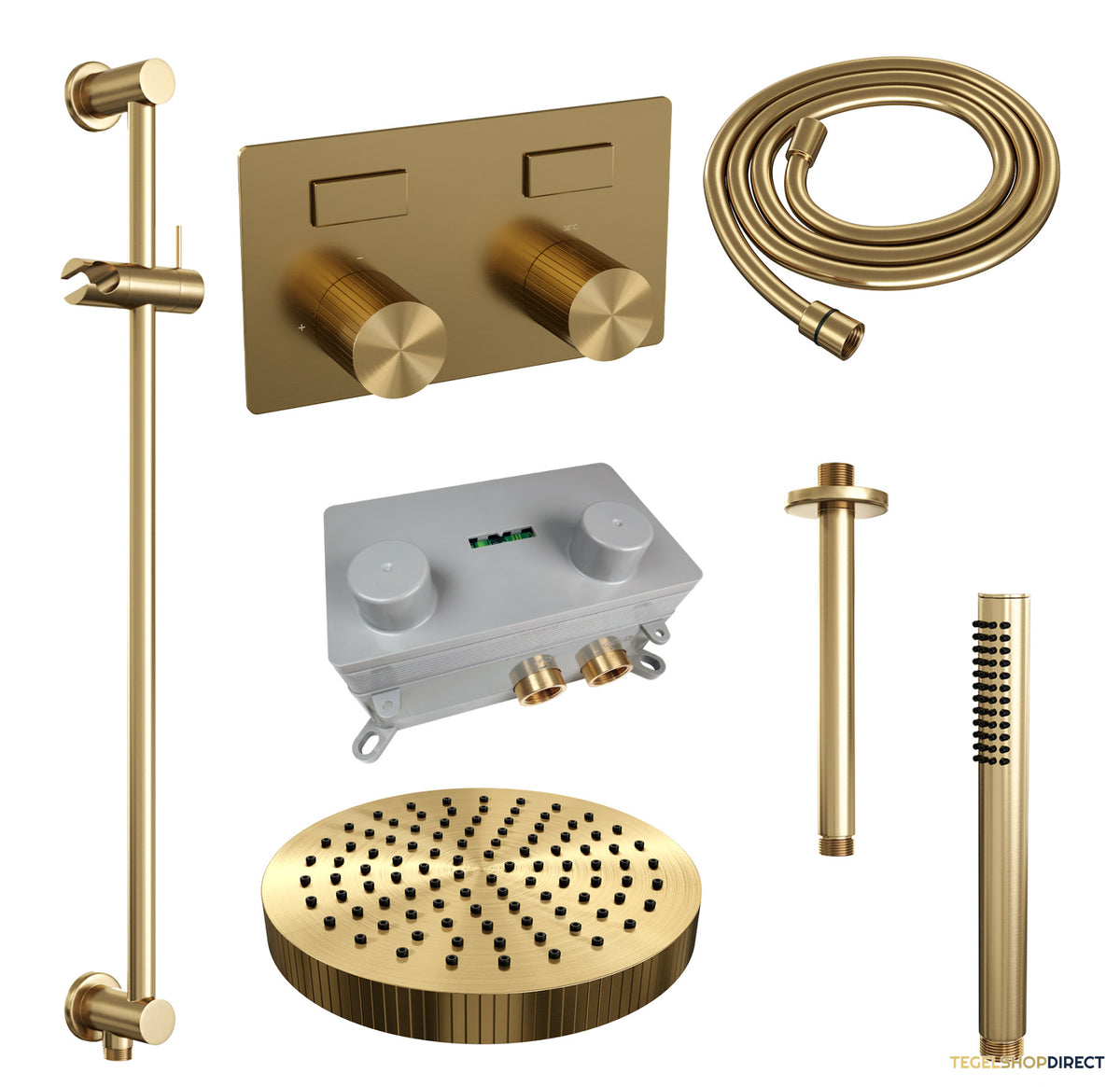 Brauer Stripe thermostatische inbouw regendouche met drukknoppen SET 33 met 25 cm douchekop en plafondarm en staaf handdouche en doucheslang en geintegreerde glijstang goud geborsteld PVD – afbeelding 3