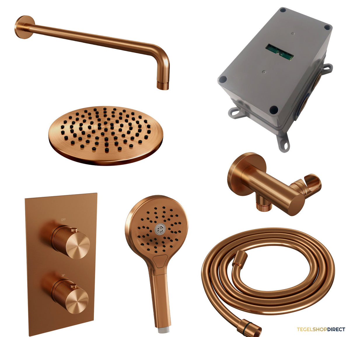 Regendoucheset Inbouw Brauer Copper Carving Thermostatisch 20cm met 3-Weg Omstelling, Gebogen Wandarm en 3-Standen Handdouche Geborsteld Koper – afbeelding 9