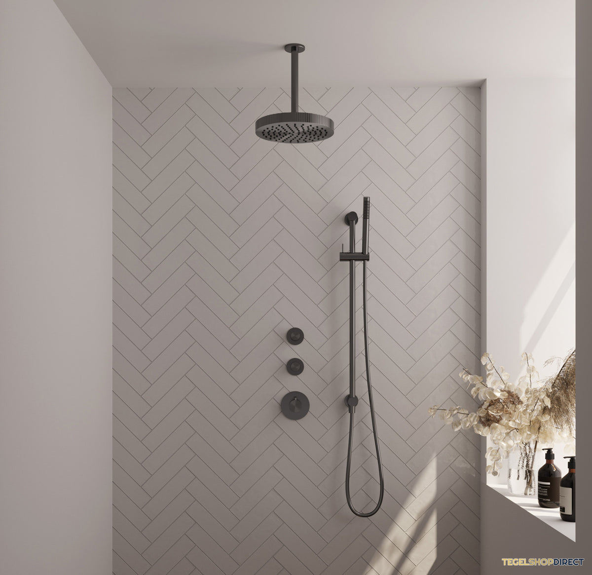 Brauer Stripe thermostatische inbouw regendouche SET 09 met 25 cm douchekop en plafondarm en staaf handdouche en doucheslang en geintegreerde glijstang gunmetal geborsteld PVD