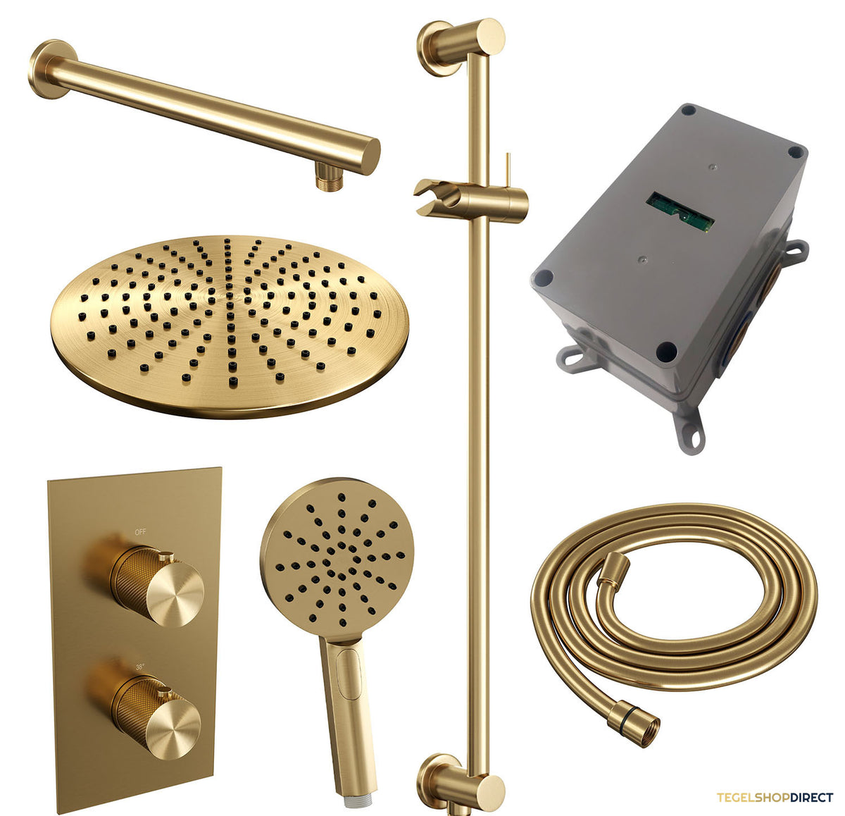 Regendoucheset Inbouw Brauer Gold Carving Thermostatisch 30cm met 3-Weg Omstelling, Wandarm, Glijstang en 3-Standen Handdouche Geborsteld Goud – afbeelding 4