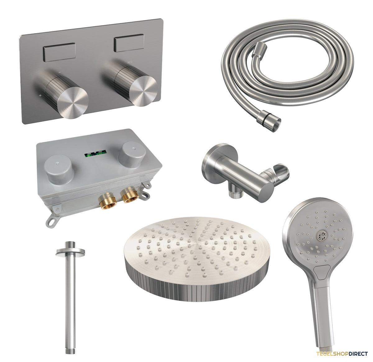 Brauer Stripe thermostatische inbouw regendouche met drukknoppen SET 30 met 25 cm douchekop en plafondarm en 3-standen handdouche en doucheslang en wandaansluitbocht RVS-kleurig geborsteld PVD – afbeelding 3