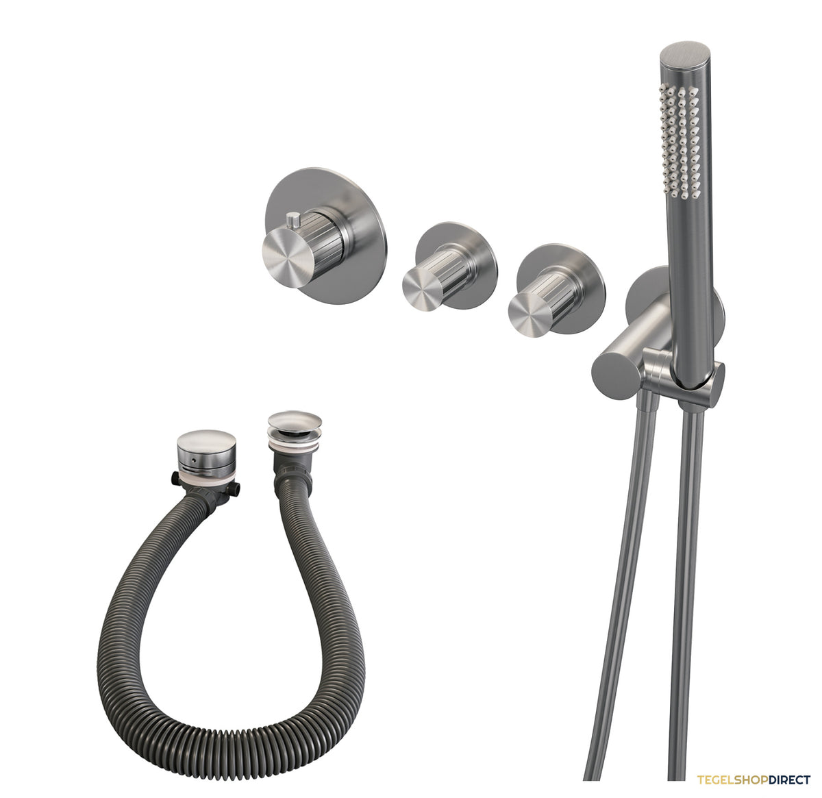 Brauer Stripe thermostatische inbouw badkraan SET 01 met badvulcombinatie en staaf handdouche en doucheslang en wandaansluitbocht RVS-kleurig geborsteld PVD – afbeelding 2