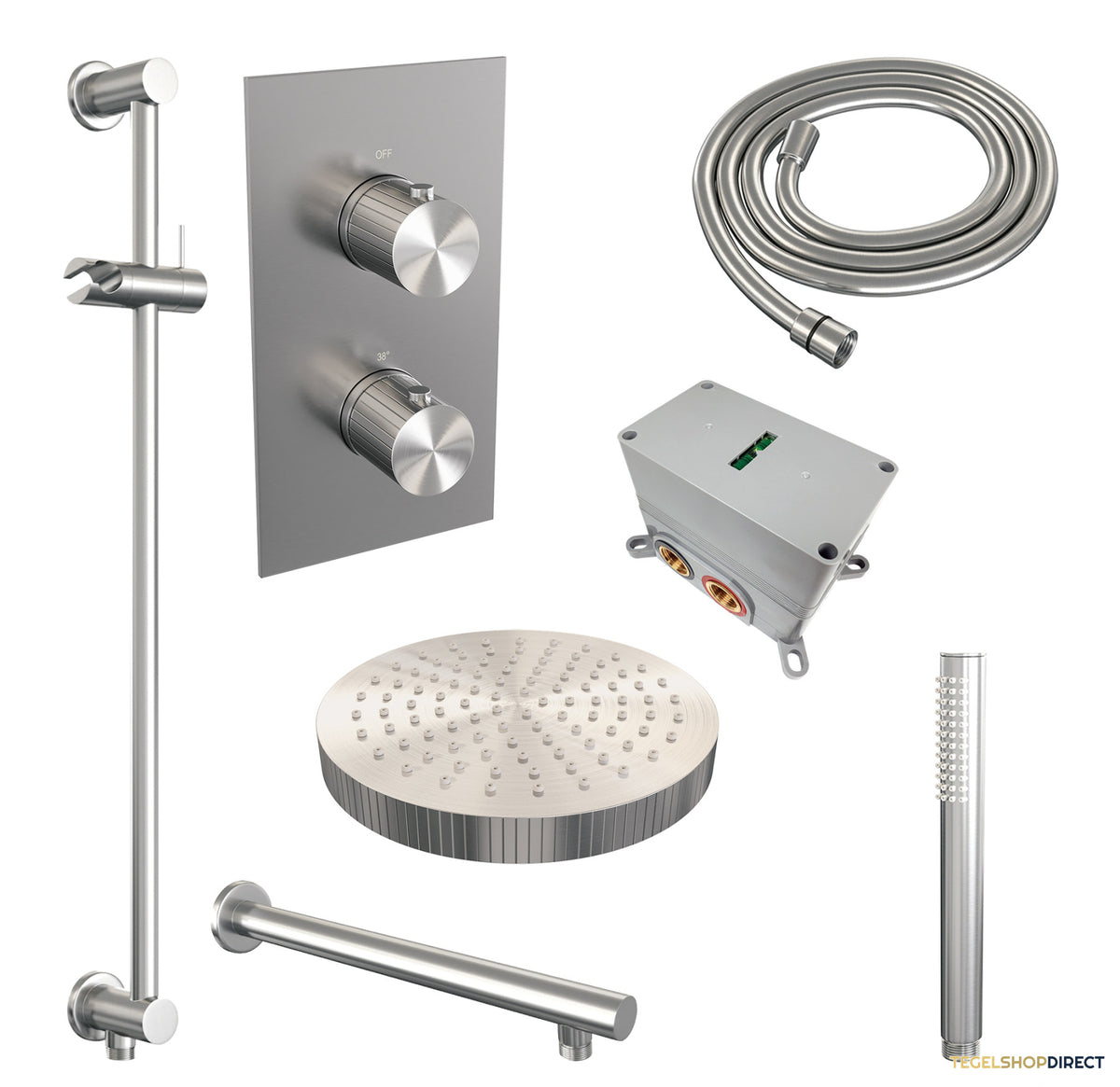 Brauer Stripe thermostatische inbouw regendouche 3-weg rechthoekig SET 19 met 25 cm douchekop en rechte muurarm en staaf handdouche en doucheslang en geintegreerde glijstang RVS-kleurig geborsteld PVD – afbeelding 3