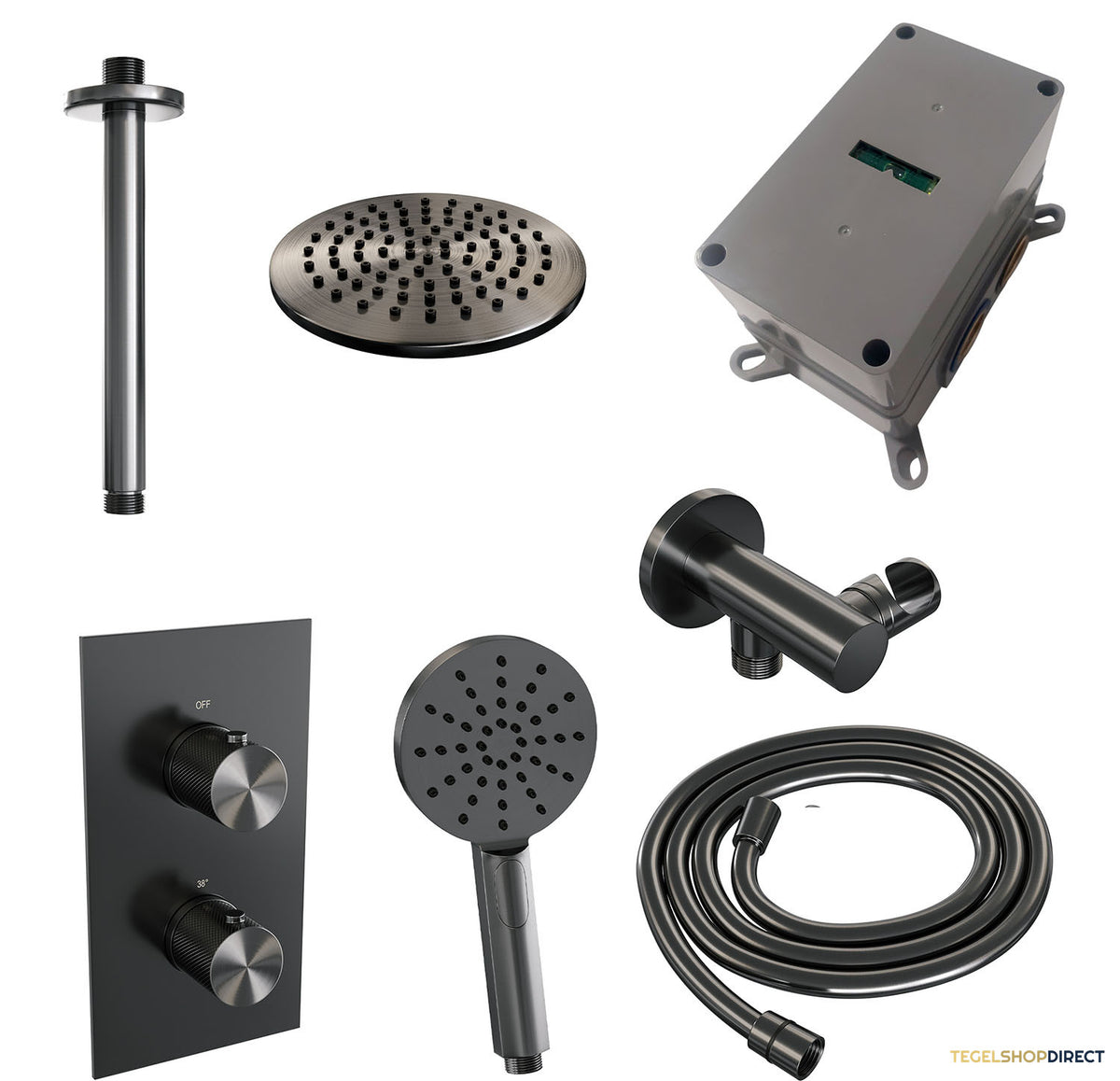 Regendoucheset Inbouw Brauer Gunmetal Carving Thermostatisch 20cm met 3-Weg Omstelling, Plafondarm en 3-Standen Handdouche Geborsteld Gunmetal – afbeelding 4