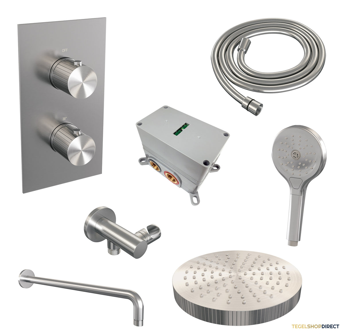 Brauer Stripe thermostatische inbouw regendouche 3-weg rechthoekig SET 17 met 25 cm douchekop en gebogen muurarm en 3-standen handdouche en doucheslang en wandaansluitbocht RVS-kleurig geborsteld PVD – afbeelding 3