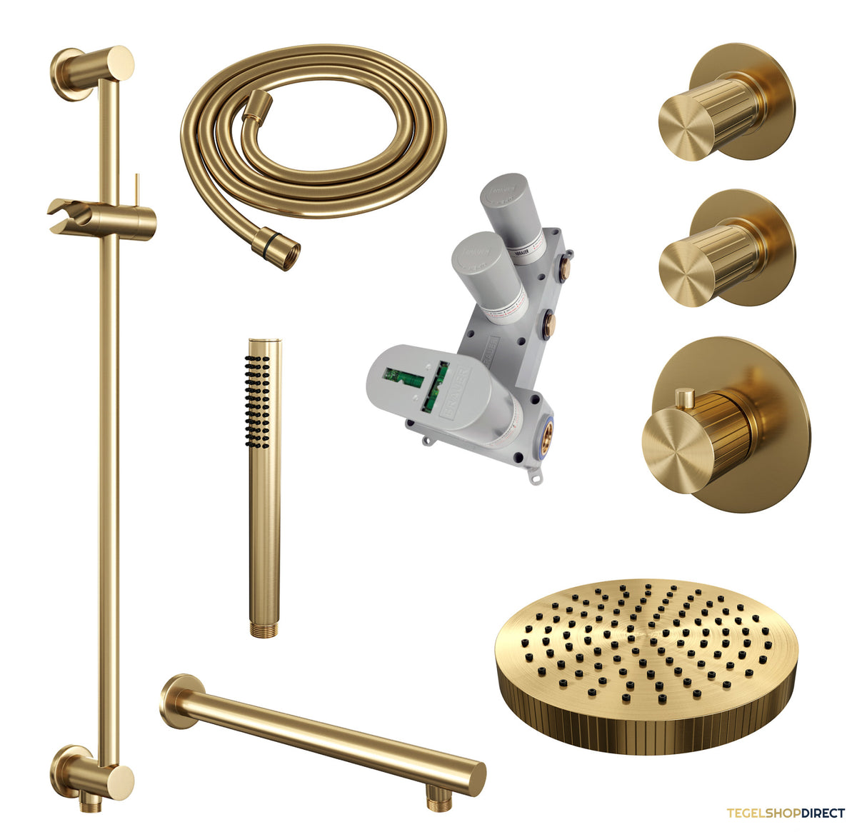 Brauer Stripe thermostatische inbouw regendouche SET 07 met 25 cm douchekop en rechte muurarm en staaf handdouche en doucheslang en geintegreerde glijstang goud geborsteld PVD – afbeelding 3