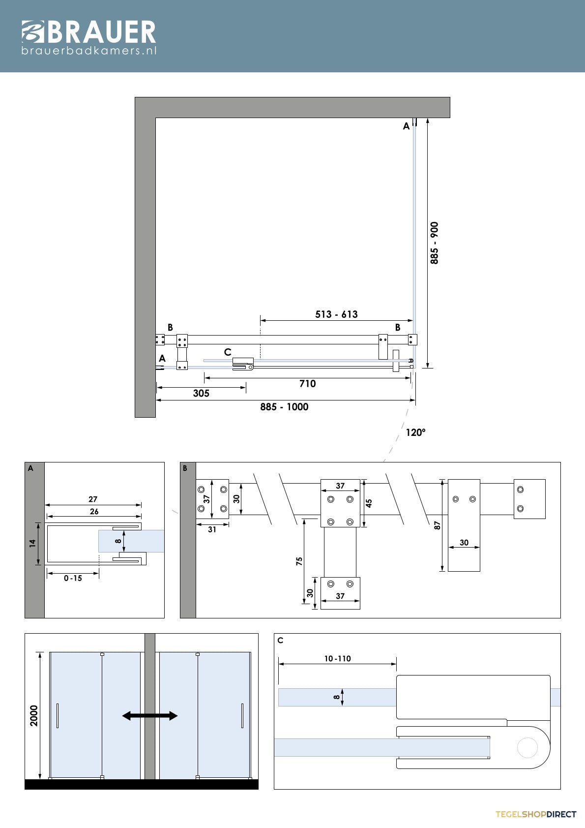BRAUER Stellar douchecabine met draaideur helder glas 100x90x200 omkeerbaar incl. glascoating mat zwart – afbeelding 7