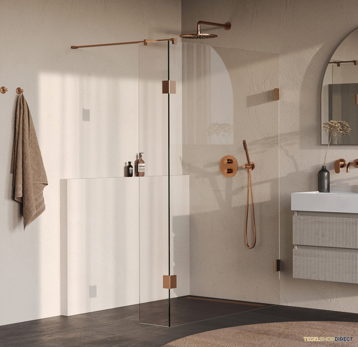 BRAUER Void inloopdouche helder glas 130x200 met 40 zijwand incl. glascoating PVD koper geborsteld