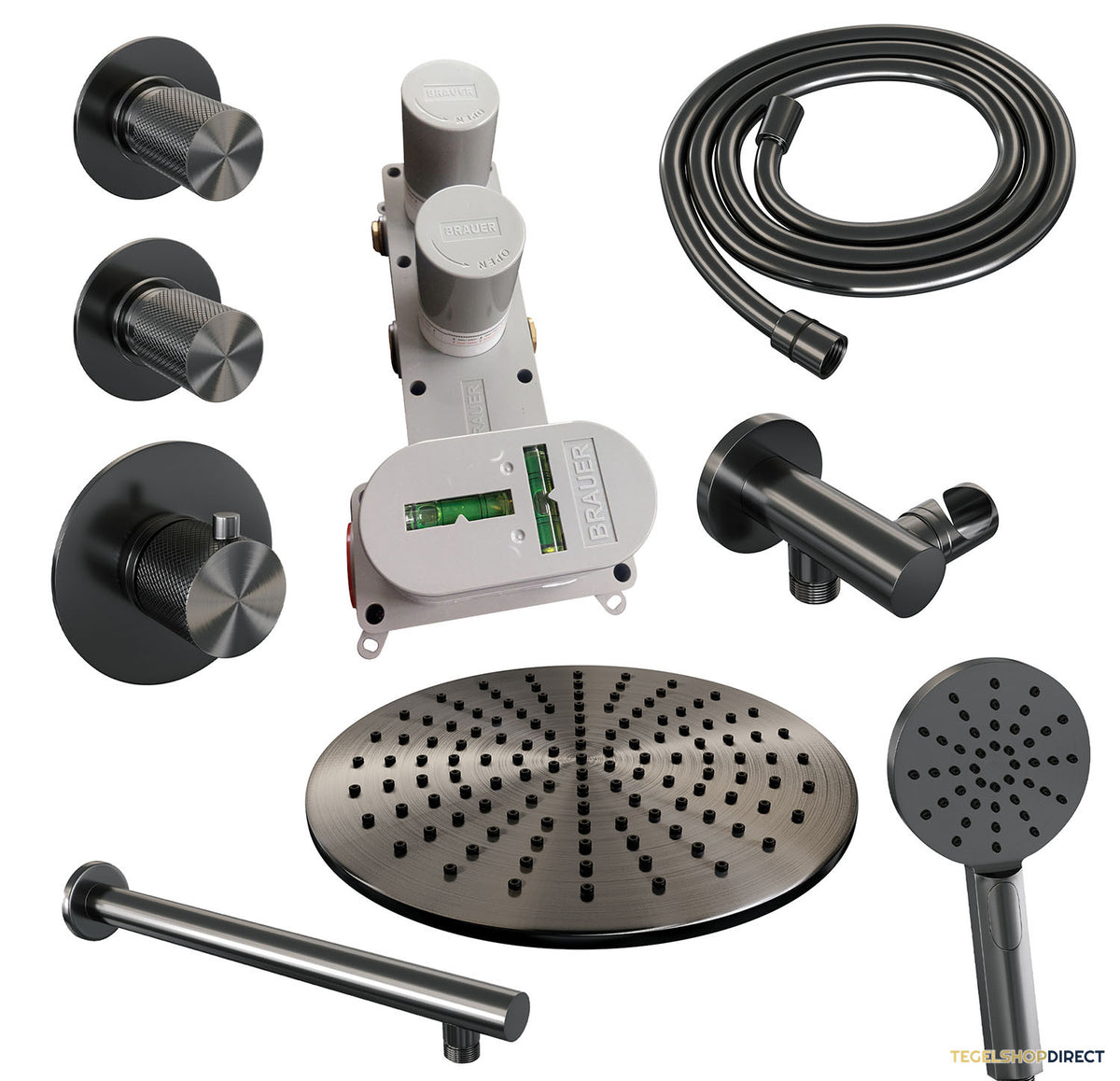 Regendoucheset Inbouw Brauer Gunmetal Carving Thermostatisch 30cm met Wandarm en Handdouche 3-Standen Losse Stopkranen Geborsteld Gunmetal – afbeelding 4