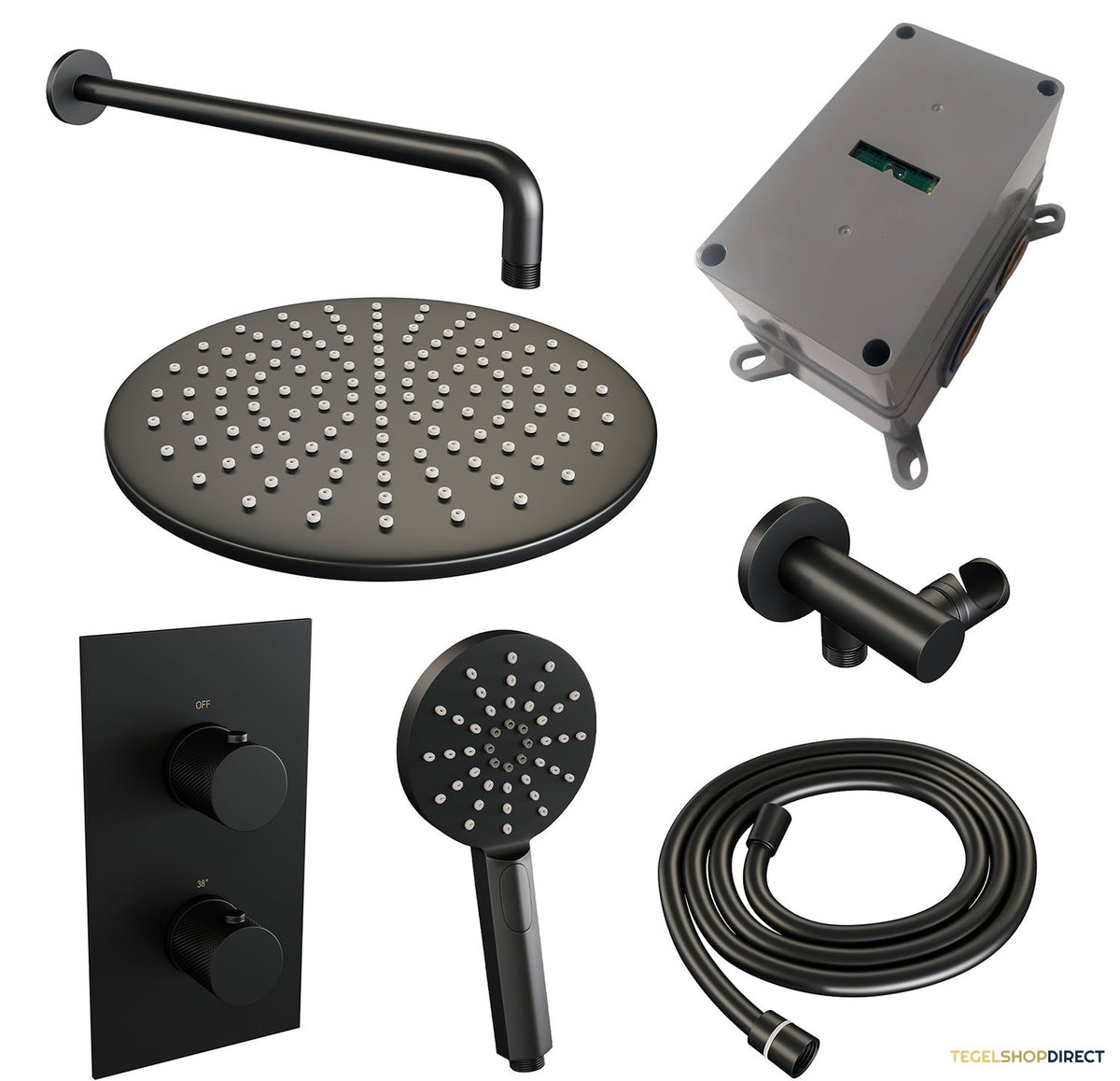 Regendoucheset Inbouw Brauer Black Carving Thermostatisch 30cm met 3-Weg Omstelling, Gebogen Wandarm en 3-Standen Handdouche Mat Zwart – afbeelding 3