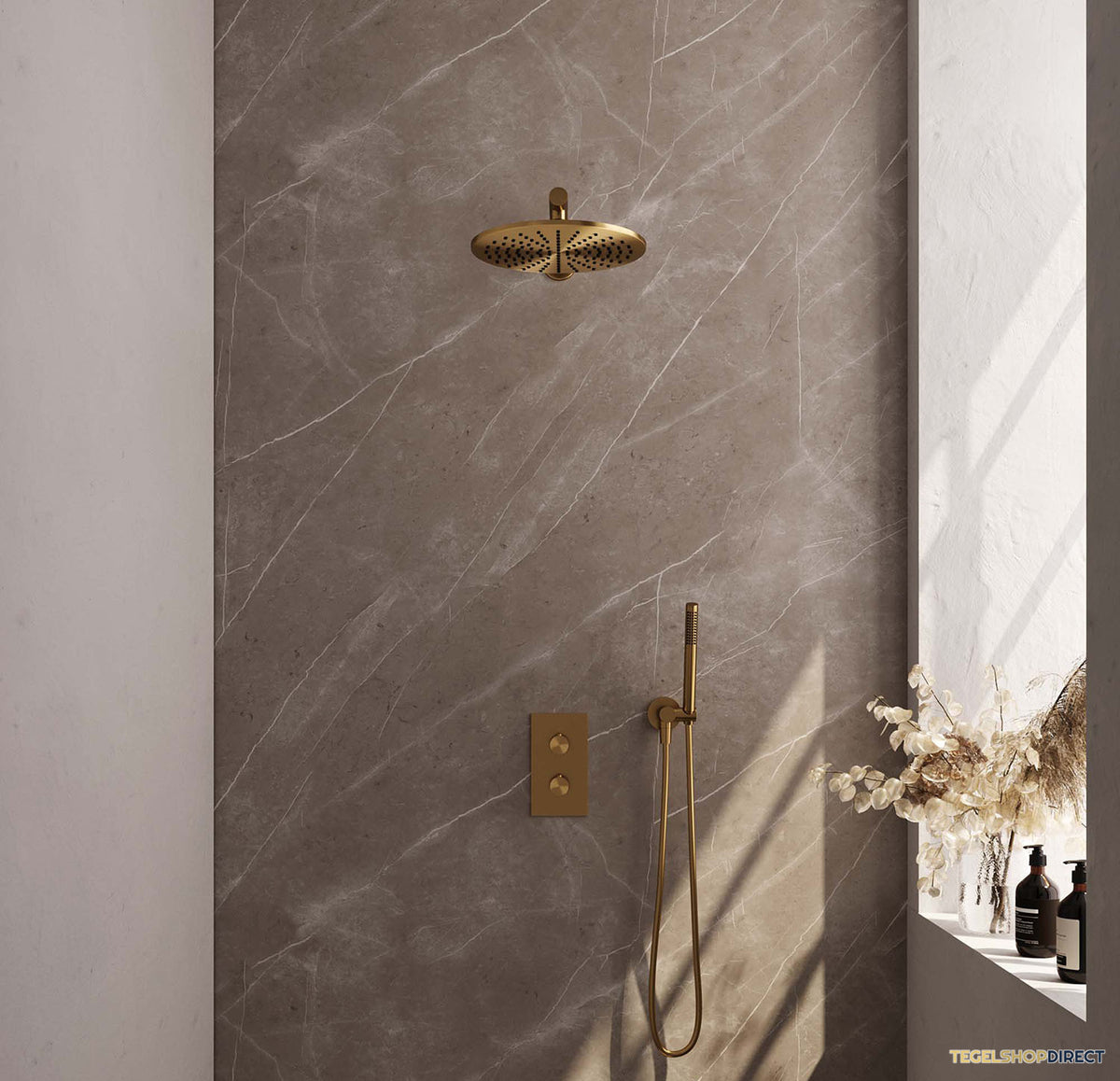 Regendoucheset Inbouw Brauer Gold Edition Thermostatisch 30cm met 3-Weg Omstelling, Wandarm en Staaf Handdouche Geborsteld Goud