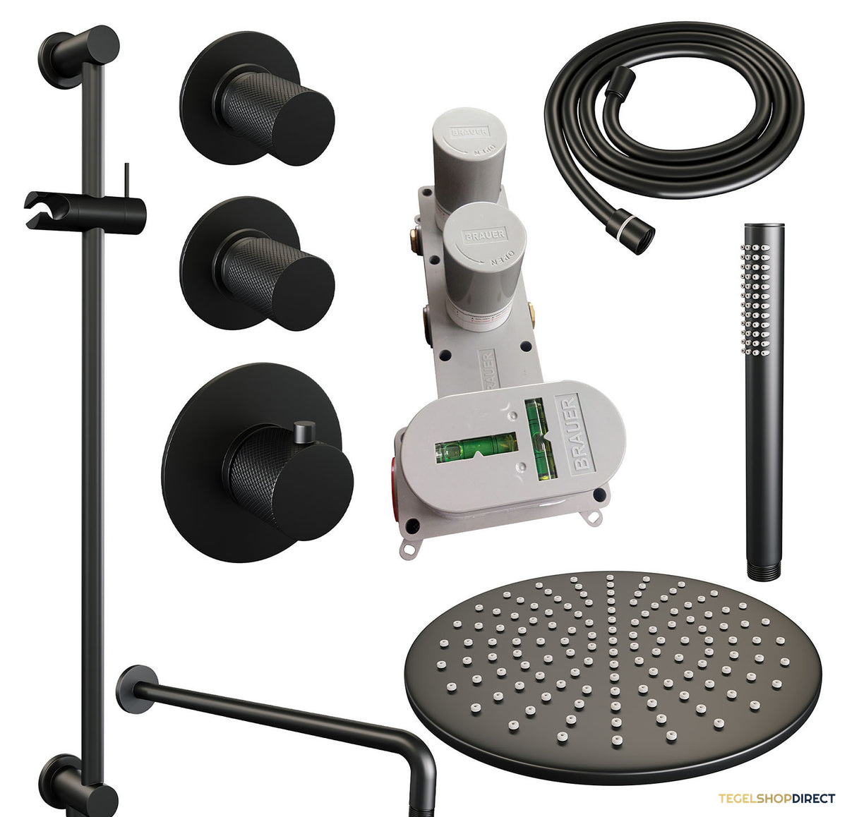 Regendoucheset Inbouw Brauer Black Carving Thermostatisch 30cm met Gebogen Wandarm, Glijstang en Handdouche Staaf Losse Stopkranen Mat Zwart – afbeelding 3