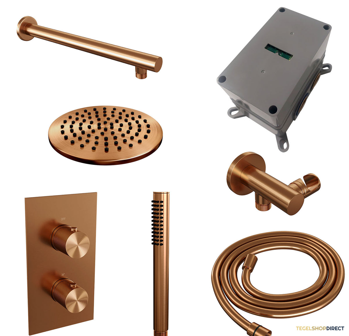 Regendoucheset Inbouw Brauer Copper Carving Thermostatisch 20cm met 3-Weg Omstelling, Wandarm en Staaf Handdouche Geborsteld Koper – afbeelding 3