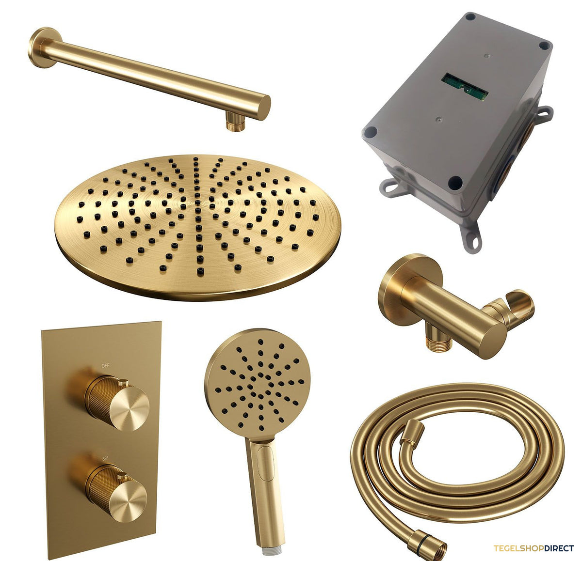 Regendoucheset Inbouw Brauer Gold Carving Thermostatisch 30cm met 3-Weg Omstelling, Wandarm en 3-Standen Handdouche Geborsteld Goud – afbeelding 4