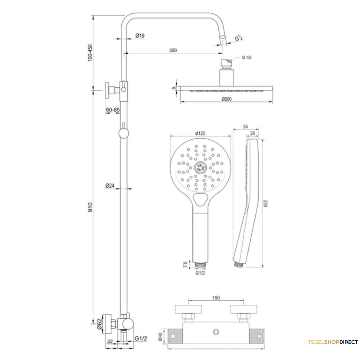 Regendoucheset Opbouw Brauer Gunmetal Carving 20 cm Thermostatisch met Handdouche 3-Standen Geborsteld Gunmetal – afbeelding 6