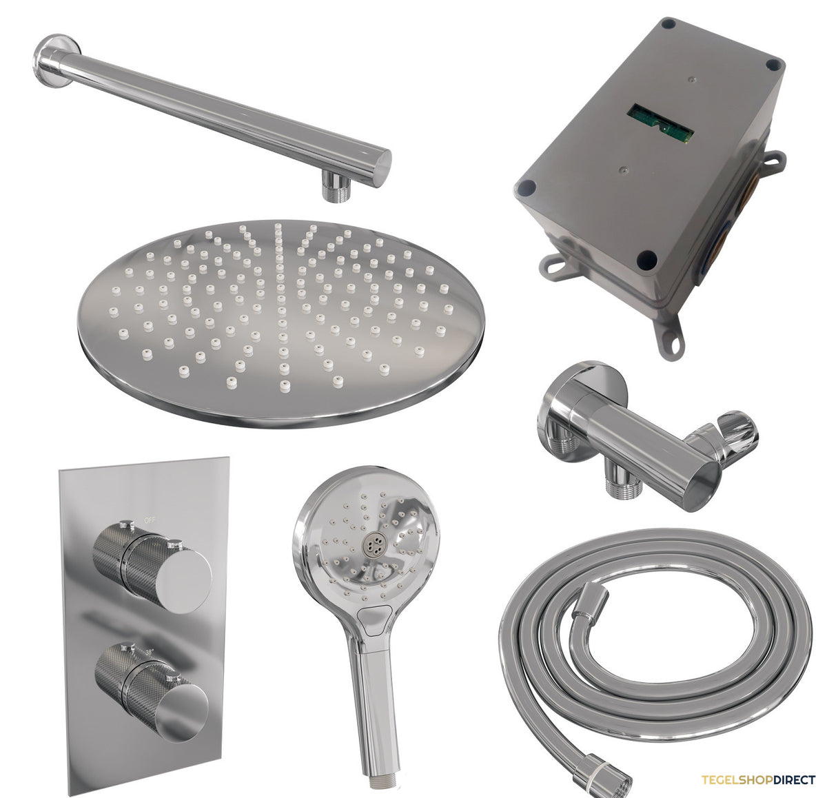 Regendoucheset Inbouw Brauer Chrome Carving Thermostatisch 30cm met 3-Weg Omstelling, Wandarm en 3-Standen Handdouche Chroom – afbeelding 11