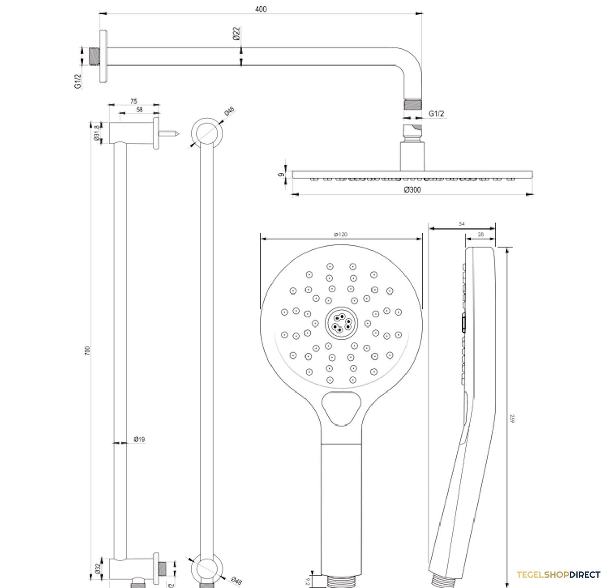 Thermostatische Inbouw Regendouche Brauer Carving Edition Met Drukknoppen SET 70 Met 30 cm Douchekop En Gebogen Muurarm En Staaf 3-Standen Handdouche En Doucheslang En Geintergreerde Glijstang RVS Geborsteld PVD – afbeelding 11