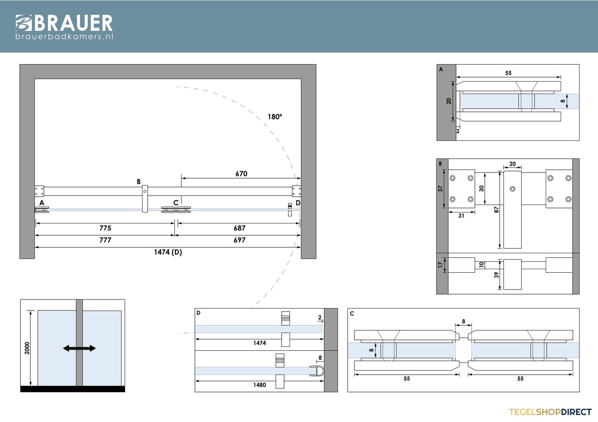 BRAUER Void nisdeur 2-delig helder glas 150x200 omkeerbaar met draaideur 70 aan glas incl. glascoating chroom – afbeelding 6