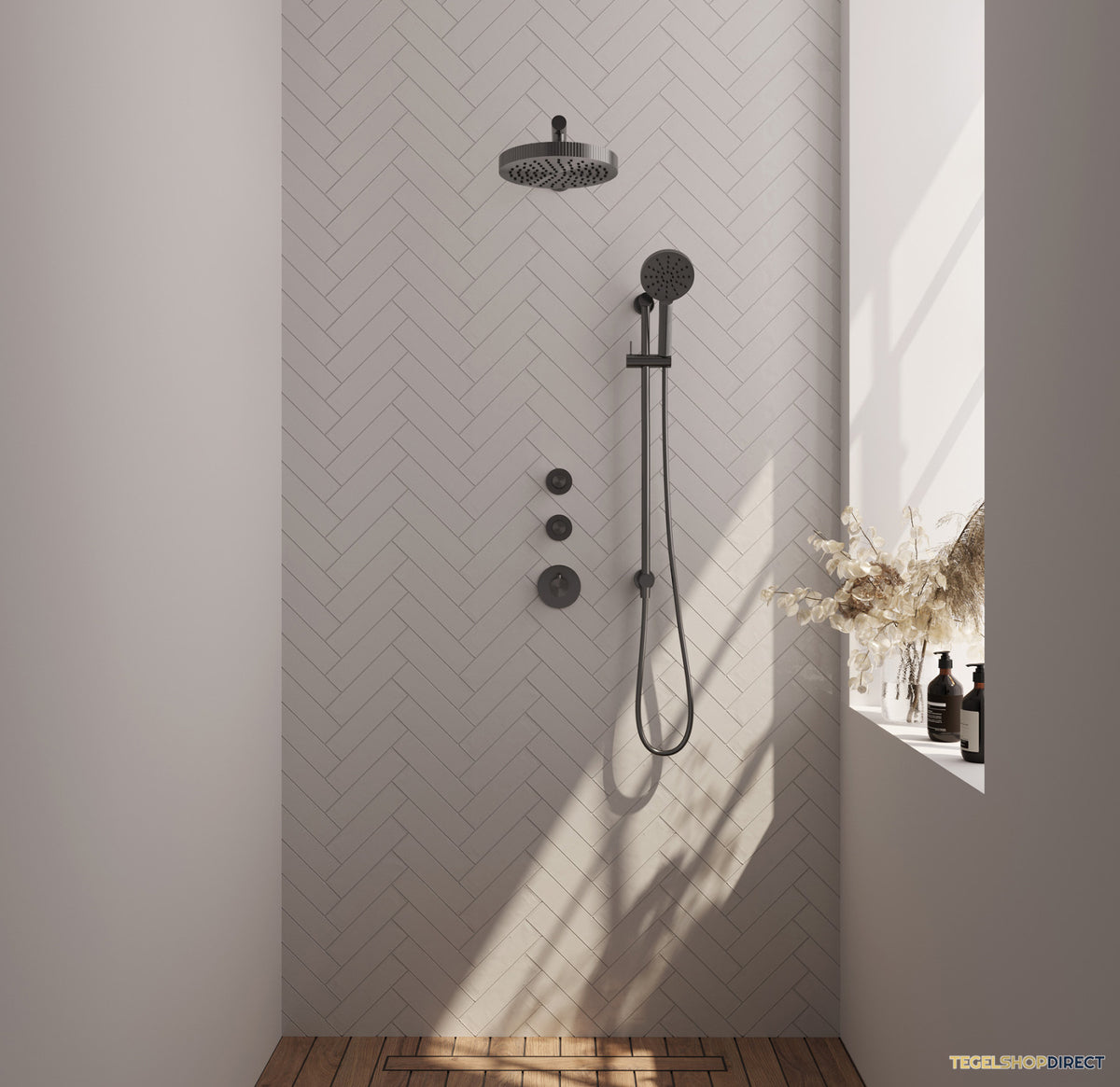 Brauer Stripe thermostatische inbouw regendouche SET 10 met 25 cm douchekop en rechte muurarm en 3-standen handdouche en doucheslang en geintegreerde glijstang gunmetal geborsteld PVD – afbeelding 2