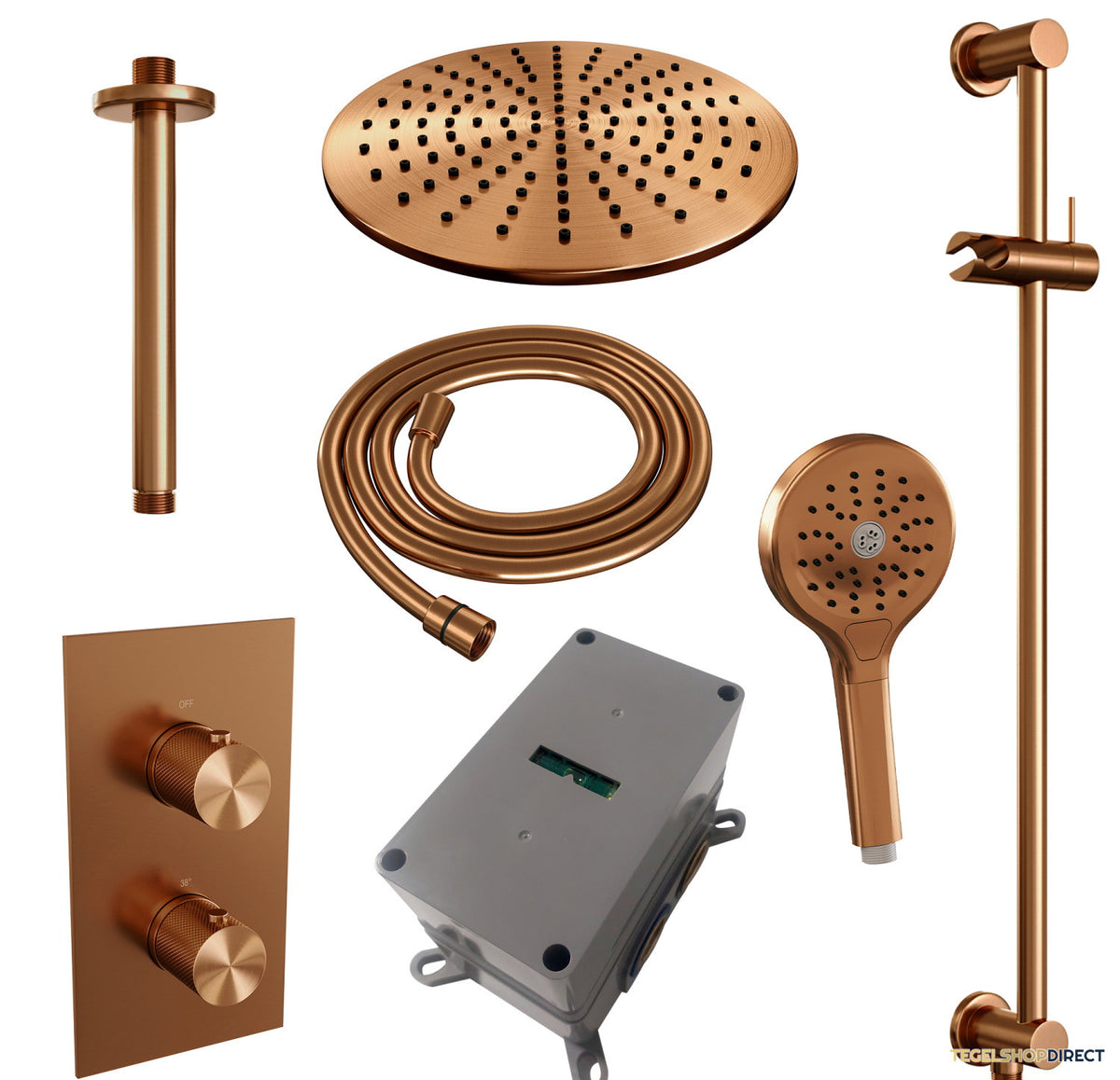 Regendoucheset Inbouw Brauer Copper Carving Thermostatisch 30cm met 3-Weg Omstelling, Plafondarm, Glijstang en Handdouche 3-Standen Geborsteld Koper – afbeelding 4