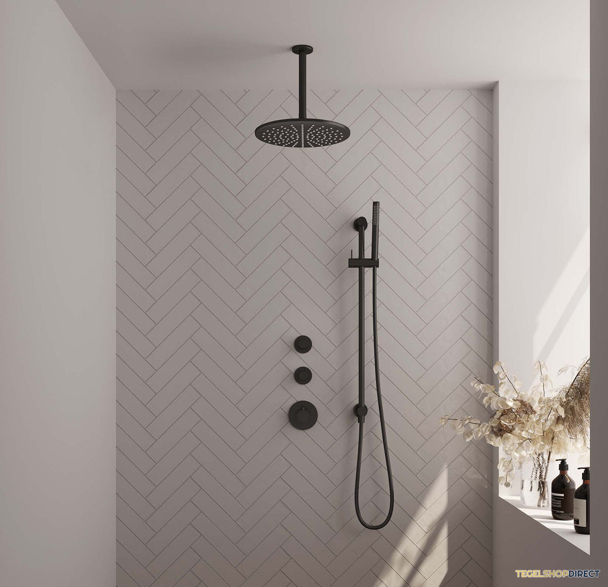 Regendoucheset Inbouw Brauer Black Carving Thermostatisch 30cm met Plafondarm, Glijstang en Handdouche Staaf Losse Stopkranen Mat Zwart