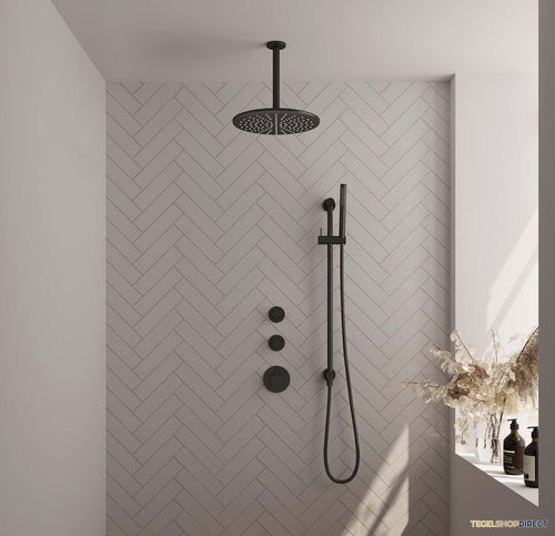 Regendoucheset Inbouw Brauer Black Carving Thermostatisch 30cm met Plafondarm, Glijstang en Handdouche Staaf Losse Stopkranen Mat Zwart