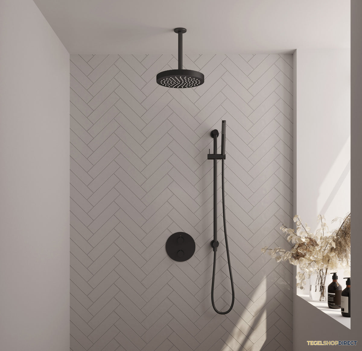 Brauer Stripe thermostatische inbouw regendouche 3-weg rond SET 45 met 25 cm douchekop en plafondarm en staaf handdouche en doucheslang en geintegreerde glijstang mat zwart