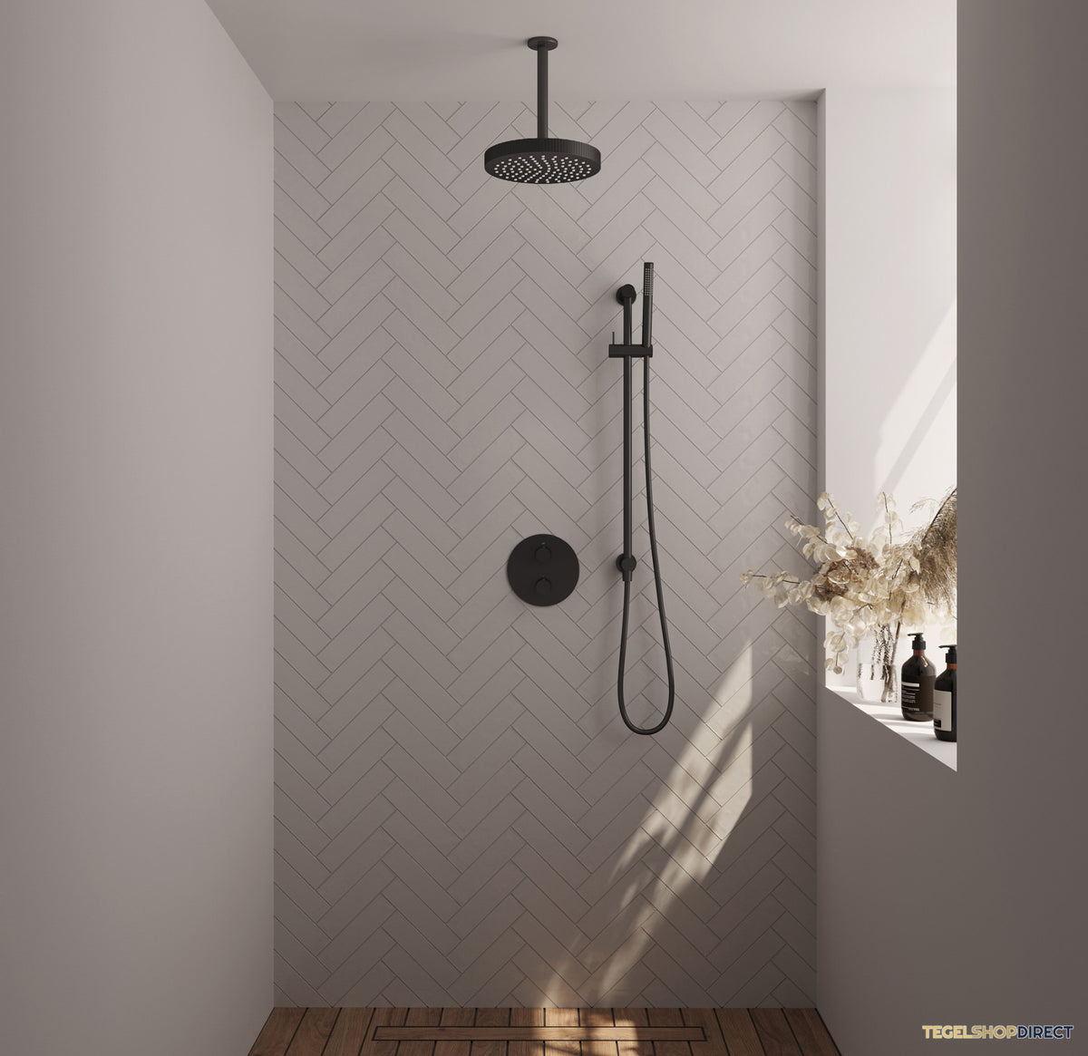 Brauer Stripe thermostatische inbouw regendouche 3-weg rond SET 45 met 25 cm douchekop en plafondarm en staaf handdouche en doucheslang en geintegreerde glijstang mat zwart – afbeelding 2