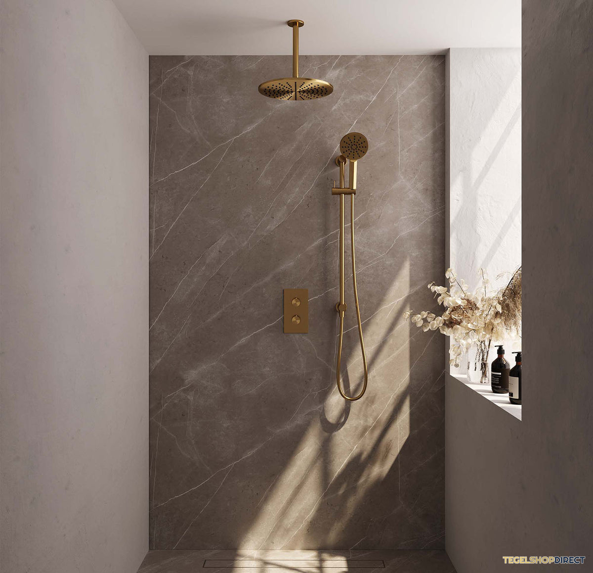 Regendoucheset Inbouw Brauer Gold Carving Thermostatisch 30cm met 3-Weg Omstelling, Plafondarm, Glijstang en Handdouche 3-Standen Geborsteld Goud – afbeelding 2