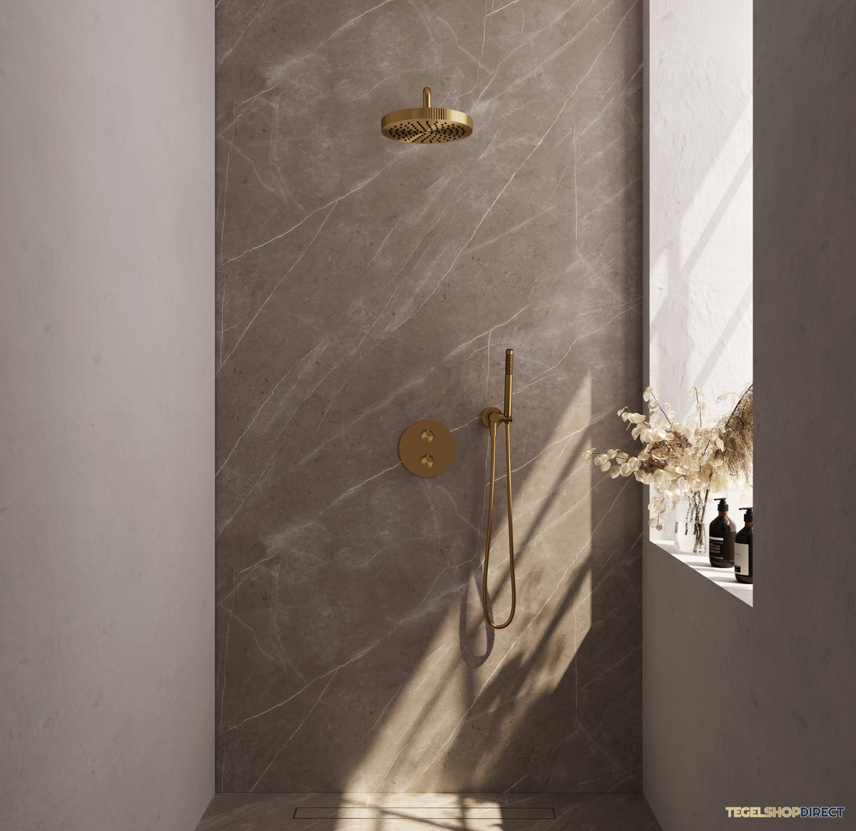 Brauer Stripe thermostatische inbouw regendouche 3-weg rond SET 38 met 25 cm douchekop en gebogen muurarm en staaf handdouche en doucheslang en wandaansluitbocht goud geborsteld PVD – afbeelding 2