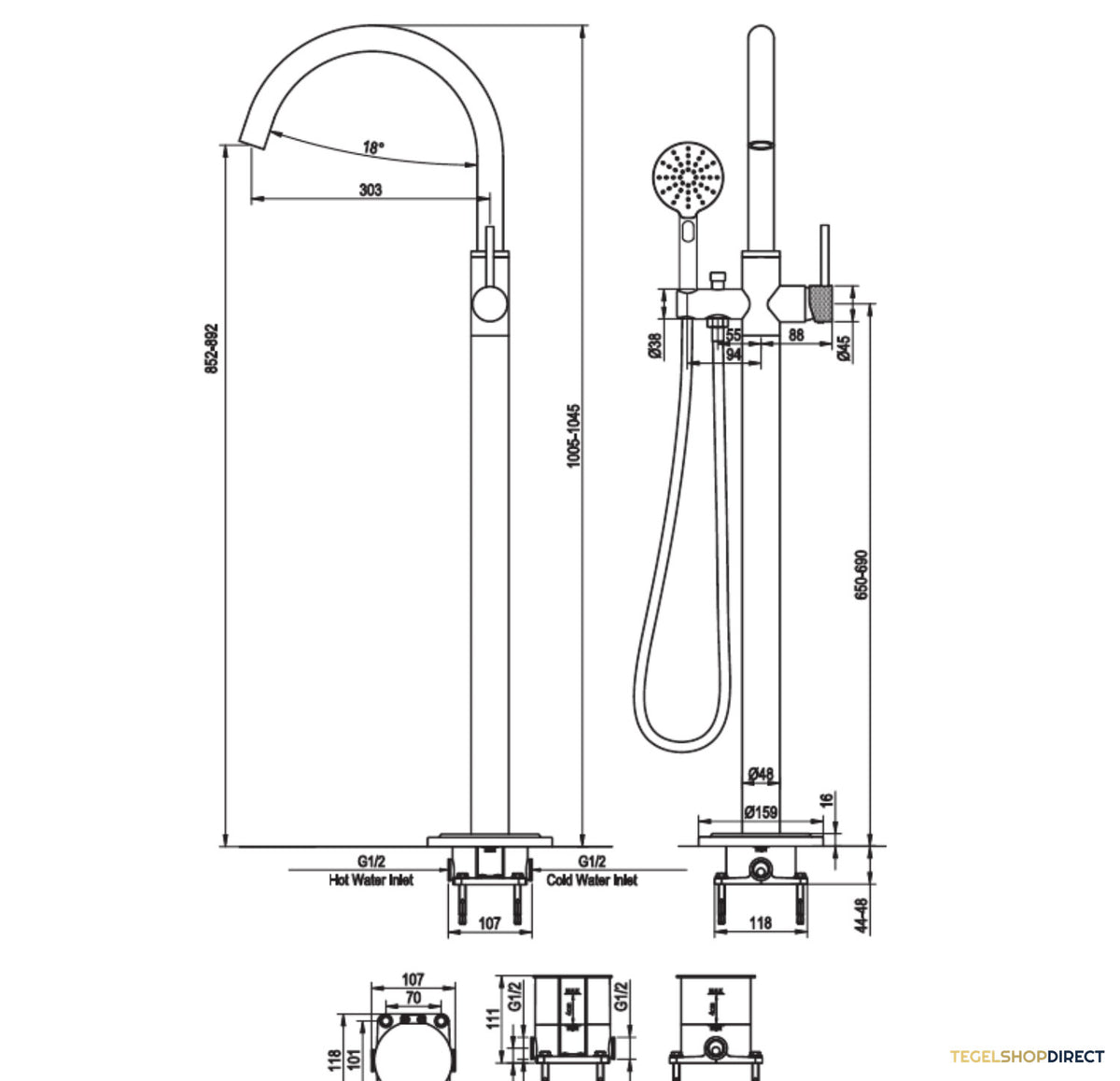 Badkraan Vrijstaand Brauer Gunmetal Carving met Handdouche 3-Standen Geborsteld Gunmetal – afbeelding 6