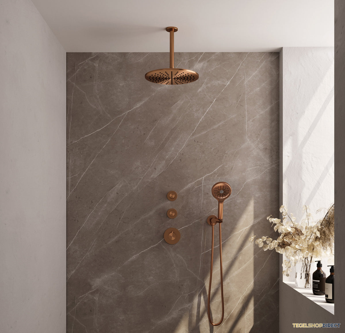 Regendoucheset Inbouw Brauer Copper Carving Thermostatisch 30cm met Plafondarm en Handdouche 3-Standen Losse Stopkranen Geborsteld Koper – afbeelding 2