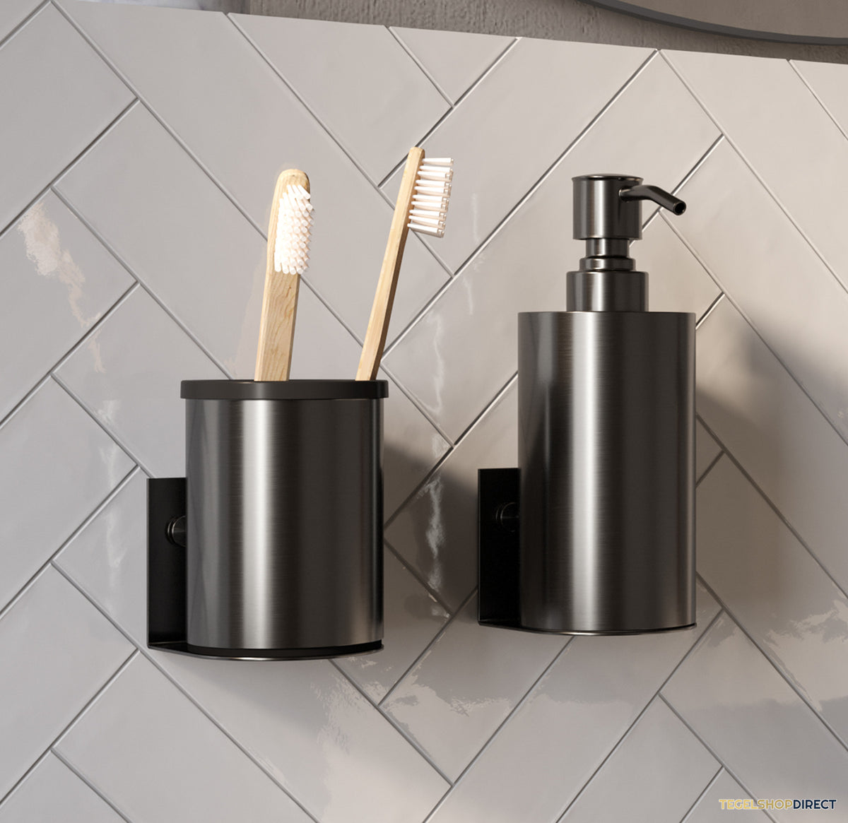 Zeepdispenser en Beker BRAUER Model A Incl. Wand Ophanging en Magnetisch opzetvlak Geborsteld Gunmetal – afbeelding 2