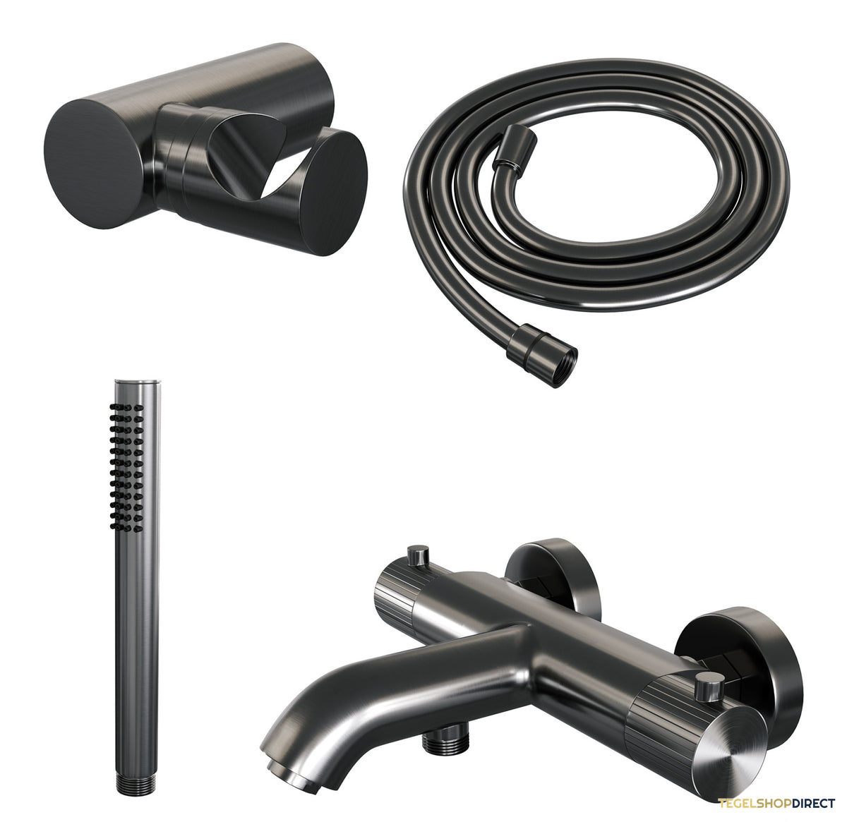 Brauer Stripe opbouw baddouche thermostaatkraan SET 03 met wandhouder en staaf handdouche en doucheslang gunmetal geborsteld PVD – afbeelding 2
