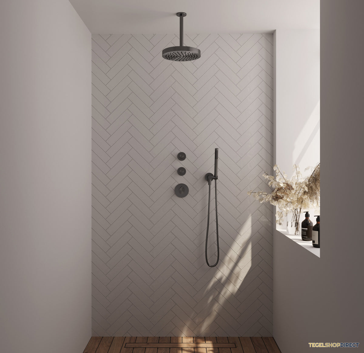 Brauer Stripe thermostatische inbouw regendouche SET 03 met 25 cm douchekop en plafondarm en staaf handdouche en doucheslang en wandaansluitbocht gunmetal geborsteld PVD – afbeelding 2