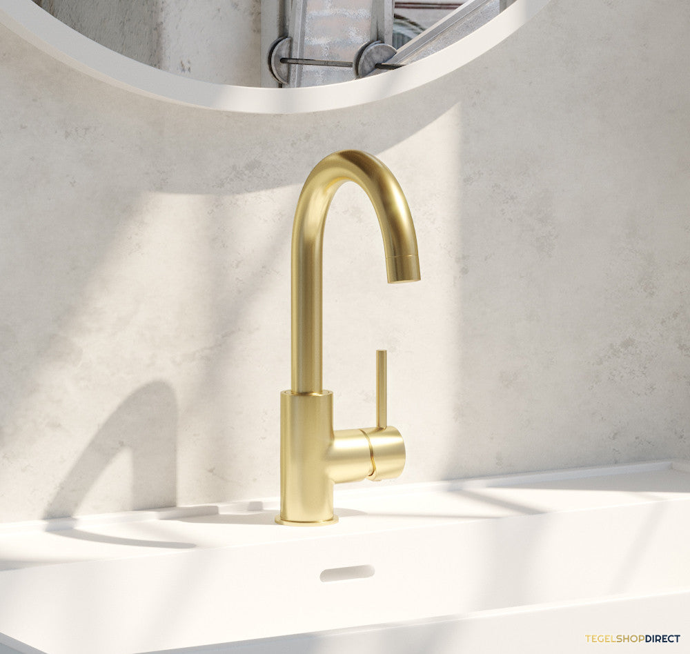 Wastafelmengkraan Brauer Gold Edition Coldstart Opbouw Hoog Gebogen Ronde Hendel Geborsteld Goud PVD – afbeelding 2