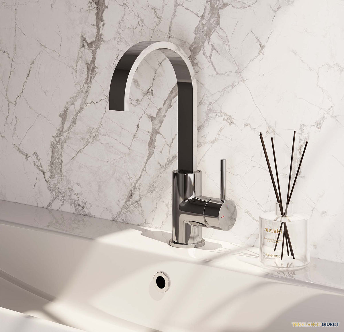 Wastafelmengkraan Brauer Chrome Edition Coldstart Opbouw Hoog Plat Gebogen Ronde Hendel Chroom – afbeelding 2