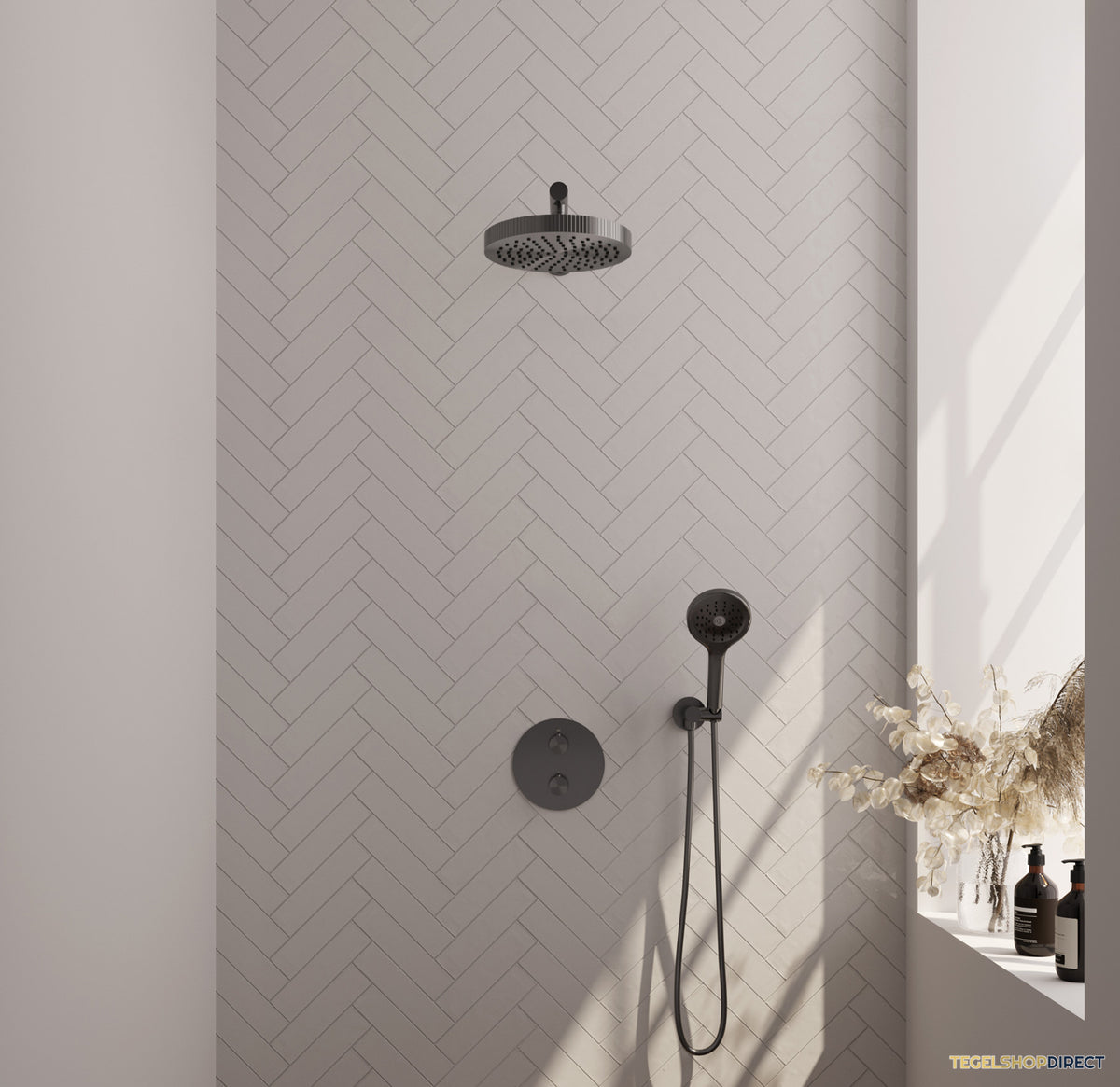 Brauer Stripe thermostatische inbouw regendouche 3-weg rond SET 40 met 25 cm douchekop en rechte muurarm en 3-standen handdouche en doucheslang en wandaansluitbocht gunmetal geborsteld PVD