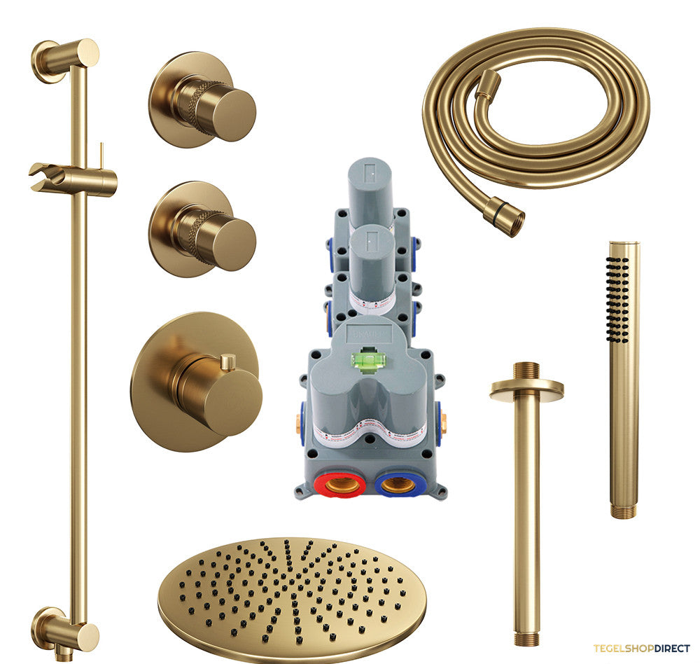 Regendoucheset Inbouw Brauer Gold Edition Thermostatisch 30cm met Plafondarm, Glijstang en Handdouche Staaf Losse Stopkranen Geborsteld Goud – afbeelding 2