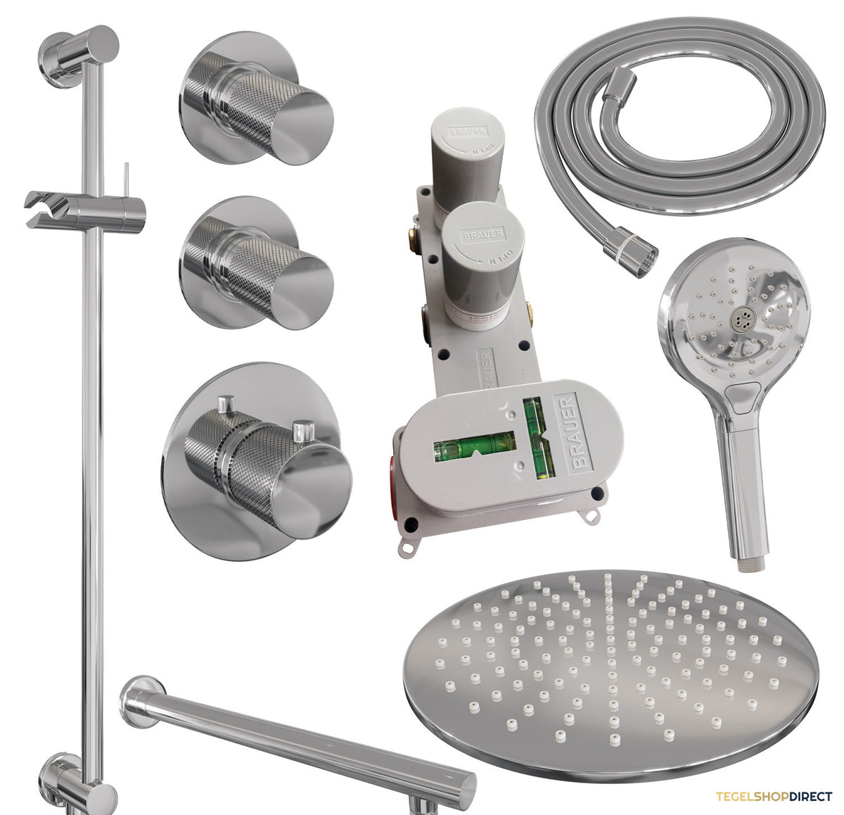 Regendoucheset Inbouw Brauer Chrome Carving Thermostatisch 30cm met Wandarm, Glijstang en Handdouche 3-Standen Losse Stopkranen Chroom – afbeelding 11