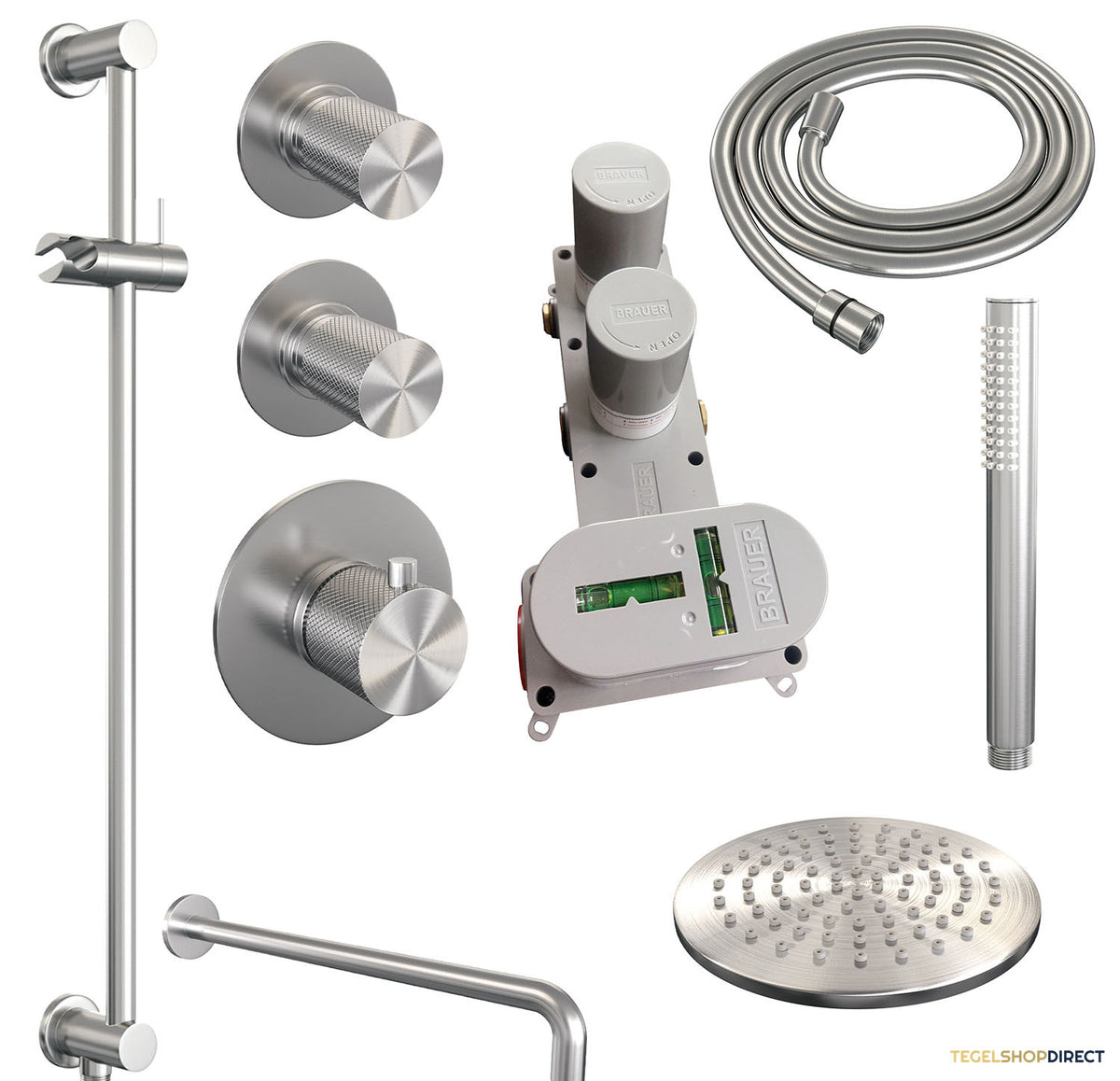 Regendoucheset Inbouw Brauer Brushed Carving Thermostatisch 20cm met Gebogen Wandarm, Glijstang en Handdouche Staaf Losse Stopkranen Geborsteld RVS – afbeelding 3