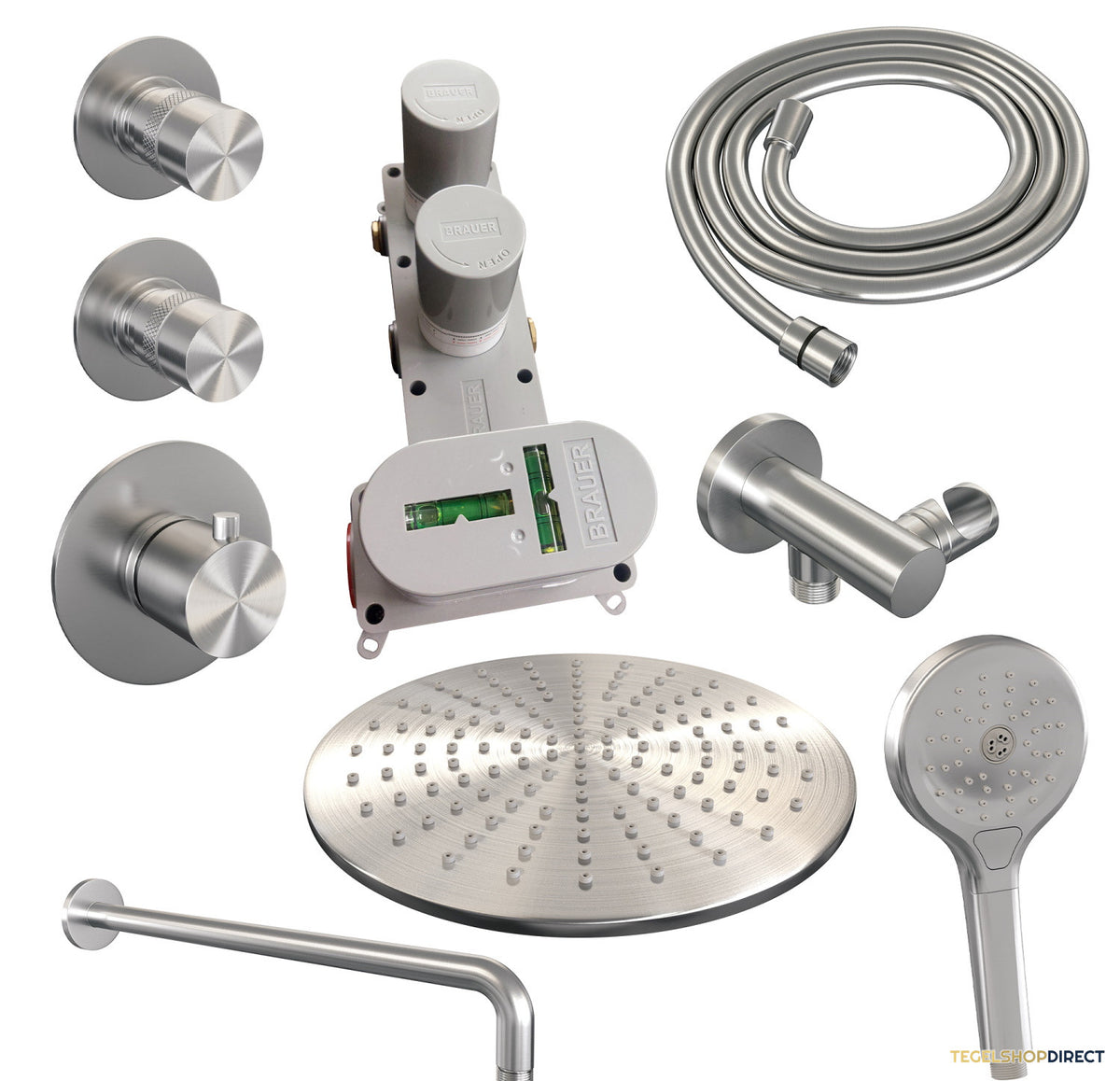 Inbouw Regendouche Set Brauer Brushed Edition Gebogen Wanduitloop Ronde Hoofddouche 30 cm Met Twee Stopkranen en Handdouche 3 Standen RVS Look – afbeelding 10